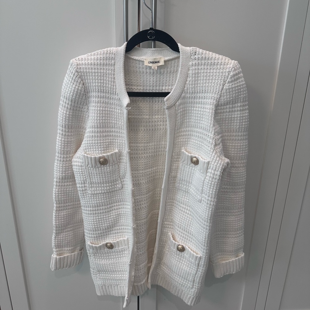 White Textured Knit Pocket Jacket